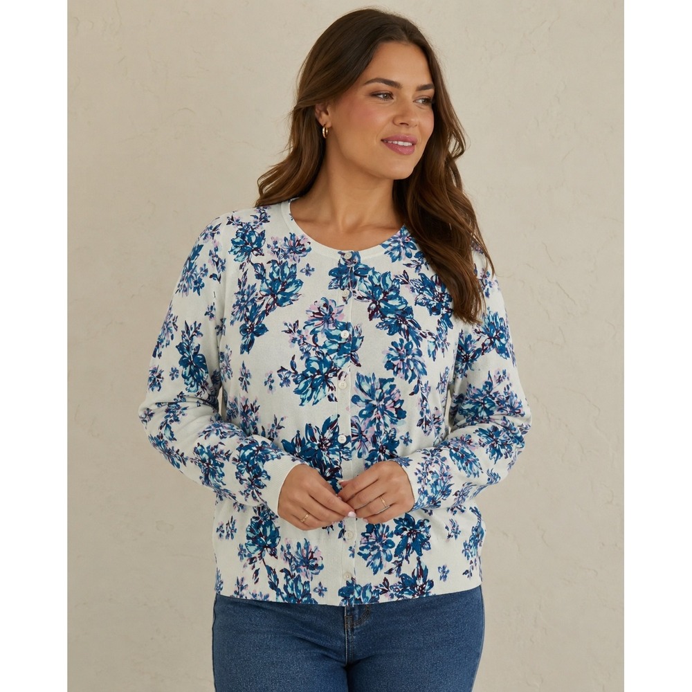 Time and Tru Womens Floral Cardigan Sweater White Blue Pink Button Front Large